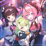  3girls angels_of_delusion animal_ear_hairband animal_ears aria_(discordant_note)_(zenless_zone_zero) aria_(zenless_zone_zero) arm_up armpits bag bare_shoulders bell black_bridal_gauntlets black_choker black_dress black_hair black_shirt blue_eyes blush bridal_gauntlets cat_ear_hairband cat_ears choker collarbone colored_inner_hair crossed_bangs detached_sleeves dress earrings fake_animal_ears ghost_hair_ornament green_eyes green_hair hair_between_eyes hair_ornament hairband halo heart heart_earrings highres jewelry looking_at_viewer maid maid_headdress multicolored_hair multiple_girls multiple_hair_clips nangong_yu nangong_yu_(rhapsody's_muse) navel neck_bell official_alternate_costume open_mouth pink_hair purple_halo red_bag red_eyes shirt skull_ornament star-shaped_pupils star_(symbol) sunna_(afternoon_tea_break)_(zenless_zone_zero) sunna_(zenless_zone_zero) symbol-shaped_pupils triangle_hair_ornament w white_wings winged_bag wings yu_ri_0320 zenless_zone_zero 
