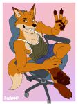 4_toes 5_fingers anthro armpit_hair barefoot black_claws black_nose blue_bottomwear blue_clothing blue_shorts body_hair border bottomwear brown_body brown_eyes brown_feet brown_fur brown_pawpads bulge canid canine chair claws clothed clothing countershading dipstick_ears dipstick_tail ear_markings feet fingers foot_focus fox fur furniture gesture green_clothing green_shirt green_topwear grin hand_gesture hi_res hindpaw looking_at_viewer male male_anthro mammal markings multicolored_ears multicolored_tail office_chair on_chair orange_body orange_fur patoso pawpads paws plantigrade shirt shorts signature simple_background sitting smile smiling_at_viewer soles solo tail tail_markings tank_top teeth toe_claws toes topwear tuft v_sign white_border