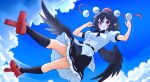  1girl black_hair black_skirt black_socks black_wings blue_sky cloud commentary day english_commentary feathered_wings frilled_skirt frills full_body geta hat highres looking_at_viewer pointy_ears pom_pom_(clothes) puffy_sleeves red_eyes red_hat shameimaru_aya shirt short_hair skirt sky smile socks solo tengu tengu-geta tokin_hat touhou white_shirt wings zivmf 