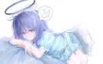 1girl absurdres animal_print black_halo blue_archive blue_eyes blue_hair blue_pajamas bow cat_print commentary_request echoine feet_out_of_frame hair_bow hairband half-closed_eyes halo highres long_hair lying mechanical_halo official_alternate_costume on_bed on_stomach pajamas pillow sleepy solo speech_bubble spoken_squiggle squiggle white_nails yuuka_(blue_archive) yuuka_(pajamas)_(blue_archive) 