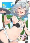  1girl absurdres alternate_costume animal_ears bikini black_bikini blue_sky blush breasts closed_eyes cloud commentary commission commissioner_name cup day drink drinking_glass drinking_straw english_commentary facing_viewer grey_hair highres holding holding_tray jewelry maid maid_bikini maid_headdress mouse_ears mouse_girl mouse_tail navel nazrin open_mouth pendant second-party_source skeb_commission sky small_breasts solo stomach swimsuit tail take_no_ko_(4919400) touhou tray unconventional_maid wrist_cuffs 