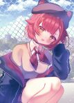  1girl :3 animal_hat beret black_choker black_hat black_jacket blush breasts brown_sweater cat_hat center-flap_bangs chain-link_fence cherry_hat_ornament choker collared_shirt commentary_request day feet_out_of_frame fence fukase_kafu hair_ornament hand_in_own_hair hat hat_ornament highres jacket long_sleeves looking_at_viewer medium_breasts multicolored_hair neckerchief nekota_tsuna nekota_tsuna_(4th_costume) off_shoulder open_clothes open_jacket open_mouth orange_eyes orange_streaks outdoors paw_print_ornament plaid_clothes plaid_skirt pleated_skirt red_hair red_jacket red_neckerchief red_skirt school_uniform shirt short_hair skirt smile solo squatting streaked_hair sweater thighs two-sided_fabric two-sided_jacket virtual_youtuber vspo! white_shirt zipper 