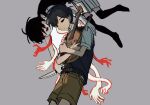  0_scyf 2boys antenna_hair black_eyes black_hair black_socks black_sweater_vest black_tank_top brown_shorts closed_mouth collared_shirt colored_extremities colored_skin commentary crossed_arms double-parted_bangs grey_background hair_behind_ear hair_between_eyes hand_on_another's_shoulder highres holding holding_instrument holding_knife holding_violin instrument knife looking_at_another multiple_boys omori omori_(omori) red_hands shirt short_hair short_sleeves shorts socks striped_clothes striped_shorts sunny_(omori) sweater_vest tank_top vertical-striped_clothes vertical-striped_shorts violin white_hands white_shirt white_skin 