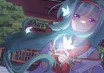  1girl absurdres bell bug butterfly commentary_request dmc_tales2006 green_hair hairband heaven_burns_red highres japanese_clothes kimono long_hair miko murofushi_risa murofushi_risa_(tonight_under_the_cherry_blossoms'_brilliance) purple_eyes shrine torii white_kimono 
