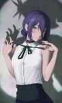  1girl absurdres black_choker black_ribbon black_shorts bomb_devil_(chainsaw_man) breasts chainsaw_man choker closed_mouth collared_shirt commentary different_shadow green_eyes hair_between_eyes highres light_smile medium_breasts neck_ribbon purple_hair revision reze_(chainsaw_man) ribbon shadow shirt shirt_tucked_in shorts sleeveless sleeveless_shirt solo spotlight tooku0 white_shirt 