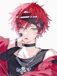  1boy alternate_costume alternate_hairstyle anchun_(quail0503) bandaid bandaid_on_face black_choker black_headband black_tank_top bracelet chain chain_necklace choker commentary green_eyes hair_between_eyes hair_ornament hairclip hand_on_own_neck headband highres jacket jewelry key key_necklace lauren_iroas looking_at_viewer lower_teeth_only necklace nijisanji open_clothes open_jacket open_mouth red_hair red_jacket short_hair simple_background solo spiked_bracelet spikes tank_top teeth untranslatable_commentary virtual_youtuber white_background x_hair_ornament 