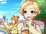  2girls :d aikatsu! aikatsu!_(series) arisugawa_otome bird bird_on_hand blonde_hair blue_bird blue_sky blurry blurry_background braid brown_eyes commentary_request cone_hair_bun crown_braid cup disposable_cup double_bun green_eyes hair_bun hair_ornament hand_to_own_mouth hitoto holding holding_cup jacket long_sleeves multiple_girls open_mouth orange_hair outdoors scarf shinjo_hinaki short_hair sky smile star_(symbol) star_hair_ornament tree upper_body yawning yellow_jacket yellow_scarf 