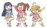  3girls :d ;d ^_^ ahoge black_hair blonde_hair blue_eyes blue_jacket blush bow brown_hair closed_eyes commentary_request hair_bow holding holding_microphone ibuki_tsubasa idolmaster idolmaster_million_live! jacket kasuga_mirai long_hair long_sleeves microphone mogami_shizuka multiple_girls one_eye_closed one_side_up pink_eyes red_bow red_jacket shoes short_hair simple_background skirt smile standing tsubobot white_background yellow_bow yellow_jacket yellow_skirt 