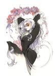  1girl arms_behind_head arms_up black_bodysuit black_cat_(marvel) black_mask bodysuit breasts commentary domino_mask earrings eye_mask flower fur_collar glasses highres jewelry long_hair looking_at_viewer marvel mask peach_momoko profile rose signature smile solo spider-man_(series) traditional_media untranslatable_commentary white_background white_hair 