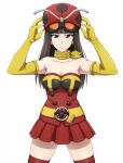  1girl :| adjusting_clothes adjusting_headwear anime_coloring bare_shoulders breasts brown_eyes brown_hair cleavage closed_mouth commentary cosplay cowboy_shot elbow_gloves electro_wave_human_tackle electro_wave_human_tackle_(cosplay) expressionless girls_und_panzer gloves goggles goggles_on_head helmet highres kamen_rider legs_apart long_hair looking_at_viewer mature_female medium_breasts miniskirt nishizumi_shiho okada_yuriko okada_yuriko_(cosplay) omachi_(slabco) pleated_skirt red_helmet red_skirt red_thighhighs scarf simple_background skirt solo standing thighhighs toujima_tanzaburou_wa_kamen_rider_ni_naritai white_background yellow_background yellow_scarf 