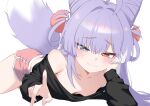  1girl :3 absurdres ahoge bare_shoulders black_shirt blue_eyes breasts closed_mouth cone_hair_bun dolphin_shorts downblouse extended_downblouse fang fox_tail hair_bun hair_ornament hair_rings heterochromia highres long_hair long_sleeves looking_down lying midriff multicolored_hair no_bra off_shoulder oldsickkim on_stomach pink_shorts pom_pom_(clothes) pom_pom_hair_ornament purple_hair shirt short_shorts shorts small_breasts smile solo stellive tail tail_raised tenko_shibuki thighs two-tone_hair virtual_youtuber white_background yellow_eyes 