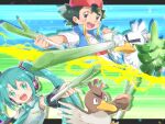  1boy 1girl aqua_eyes aqua_hair aqua_nails aqua_necktie ash_ketchum backwards_hat baseball_cap black_hair blue_vest bright_pupils brown_eyes clenched_hand closed_mouth collared_shirt commentary_request crossover detached_sleeves drop_shadow farfetch'd fingernails food grey_shirt hat hatsune_miku holding holding_food holding_shield holding_spring_onion holding_vegetable holding_weapon long_hair miu_(chuyu825) nail_polish necktie open_clothes open_mouth open_vest outline pokemon pokemon_(anime) pokemon_(creature) pokemon_journeys red_eyes red_hat shield shirt short_hair short_sleeves sirfetch'd smile spring_onion teeth twintails upper_teeth_only v-shaped_eyebrows vegetable vest vocaloid weapon white_outline white_pupils white_shirt 