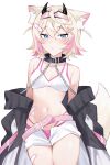  1girl alonekm alternate_costume animal_ears bandaid bandaid_hair_ornament black_horns black_jacket blonde_hair blue_eyes breasts cleavage commentary_request dog_ears dog_girl hair_ornament highres hololive hololive_english horns jacket looking_at_viewer mococo_abyssgard multicolored_hair navel open_fly panties pink_hair pink_panties shirt shorts small_breasts solo two-tone_hair underwear virtual_youtuber white_shirt white_shorts x_hair_ornament 