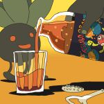  bottle_cap bottle_opener commentary cup juice oddish open_mouth out_of_frame pokemon pokemon_(creature) pouring saboteri_(savot) shuckle simple_background soda yellow_background 