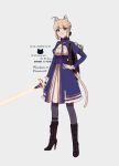  1girl ahoge animal_ears artoria_pendragon_(fate) black_boots blonde_hair blue_dress blue_eyes bluesky_username boots breasts cat_ears cat_girl cat_tail cleavage_cutout clothing_cutout commentary_request dress excalibur_(fate/stay_night) fate/stay_night fate_(series) full_body grey_pantyhose hair_ribbon hand_on_own_hip high_heel_boots high_heels highres holding holding_sword holding_weapon honkai:_star_rail honkai_(series) juliet_sleeves karakasa_25 kemonomimi_mode long_sleeves medium_dress pantyhose puffy_sleeves ribbon saber_(fate) saber_(honkai:_star_rail)_(fate) small_breasts solo sword tail twitter_username watermark weapon 