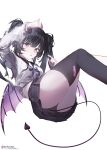  1girl absurdres artist_name bandaid bandaid_on_leg black_hair black_panties black_skirt black_thighhighs blunt_bangs commentary_request demon_tail echoine floating hair_ornament highres long_hair long_sidelocks looking_to_the_side low_wings open_mouth original panties parted_lips pink_nails plaid_clothes plaid_skirt pleated_skirt purple_eyes purple_ribbon ribbon school_uniform serafuku sidelocks simple_background skirt solo tail thighhighs twintails underwear upskirt white_background white_serafuku wings x_hair_ornament yami_kawaii 