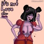 5_eyes 6_hands anthro arachnid arthropod black_eyes black_hair black_lips bodily_fluids bottomwear breast_milking breasts clothing dehromansfw dessert doughnut female food hair hi_res jacket lactating lips muffet multi_eye multi_hand nipples pants pastry purple_body purple_nipples purple_skin red_bottomwear red_clothing red_jacket red_pants red_topwear sharp_teeth solo spider teeth text topwear undertale undertale_(series)