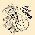  1:1 2026 anthro arthropod beach_towel beverage bikini bikini_bottom bikini_top breasts canid canine clothing container crab crustacean cup decapod digital_drawing_(artwork) digital_media_(artwork) drinking_glass drinking_straw english_description english_text eyewear eyewear_on_head female footprint fox glass glass_container glass_cup hi_res legs_up lemonade lying malacostracan mammal multi_breast navel on_back pawprint solo sparkles sunglasses sunglasses_on_head swimwear tail tansy text towel two-piece_swimsuit wearing_sunglasses 