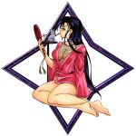  1girl animal armor barefoot bottomless breasts chainmail cleavage commentary_request fishnet_top fishnets full_body hair_down half-closed_eyes holding holding_mirror japanese_clothes kimono kousaka_shigure large_breasts lips lipstick long_hair makeup matsuena_shun mirror mouse_(animal) official_art open_clothes open_kimono pink_kimono profile purple_eyes purple_hair shijou_saikyou_no_deshi_ken'ichi simple_background sitting solo thighs tochumaru very_long_hair white_background 