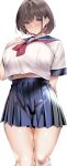  1girl absurdres aoki_hiro blue_eyes blue_sailor_collar blue_skirt blush breasts brown_hair commentary_request earrings hand_on_own_chest highres huge_breasts jewelry leg_warmers long_bangs looking_at_viewer medium_hair neckerchief original pleated_skirt red_neckerchief sailor_collar school_uniform serafuku shiny_skin shirt short_sleeves simple_background skirt solo summer_uniform thighs white_background white_leg_warmers white_serafuku 