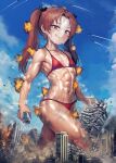 1girl abs aircraft airplane bikini black_bow blue_sky bow brown_eyes brown_hair building cloud cloudy_sky contrail cowboy_shot day destruction fighter_jet flat_chest giant giantess girls_und_panzer hair_bow halterneck kadotani_anzu long_hair looking_at_viewer military_vehicle muscular muscular_female navel outdoors parted_bangs red_bikini sky smirk solo standing sweat swimsuit twintails walking yilx 