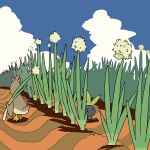  blue_sky cloud commentary farfetch'd flower no_humans oddish open_mouth outdoors pokemon pokemon_(creature) saboteri_(savot) sky spring_onion walking white_flower 