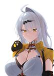  1girl ahoge akaika_(aka) animal_on_shoulder bird bird_on_shoulder black_bird breasts cleavage commentary_request finger_heart hair_ornament highres jacket large_breasts long_hair looking_at_viewer mole mole_on_chest shirt simple_background single_hair_intake solo white_background white_hair yellow_eyes yellow_jacket yin_yang_pin yixuan_(zenless_zone_zero) zenless_zone_zero 