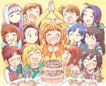  6+girls :d ^_^ ahoge akizuki_ritsuko amami_haruka antenna_hair birthday_cake blonde_hair blue_hair brown_hair cake closed_eyes commentary_request facing_viewer food futami_ami futami_mami ganaha_hibiki glasses grey_hair hagiwara_yukiho happy_birthday high_five hoshii_miki idolmaster idolmaster_(classic) kikuchi_makoto kisaragi_chihaya long_hair minase_iori miura_azusa multiple_girls open_mouth orange_hair ponytail shijou_takane short_hair side_ponytail smile stuffed_animal stuffed_rabbit stuffed_toy takatsuki_yayoi tsubobot twintails usa-chan_(idolmaster) v v-shaped_eyebrows 
