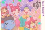  >_< 1boy 1girl :> afro ahoge aqua_shirt beanie black_hat blue_hair blush blush_stickers bracelet cellphone closed_eyes closed_mouth clothed_pokemon coin commentary_request confetti darumaka eyelashes fangs finger_to_cheek fingernails gold green_headband grin hair_intakes hair_ribbon hat headband highres ichi_(pikapikapocket) james_(pokemon) jessie_(pokemon) jewelry koban_(gold) meowth morpeko morpeko_(full) nail_polish official_alternate_costume official_alternate_hairstyle open_mouth orange_shirt outline phone pink_hair pink_nails pink_shirt pokemon pokemon_(anime) pokemon_(creature) pokemon_journeys purple_nails ribbon rotom rotom_phone selfie_stick shirt short_hair short_sleeves smartphone smile team_rocket teeth translation_request v white_outline wig wobbuffet 