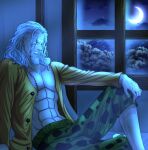 1boy abs bare_pectorals beard commentary_request crescent_moon facial_hair highres knee_up leg_hair male_focus moon musasabiop mustache_stubble night one_piece open_clothes open_shirt outdoors parted_lips pectorals scar scar_across_eye scar_on_face silvers_rayleigh sitting solo stubble window 