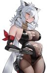  1girl absurdres animal_ears arm_ribbon azur_lane bare_shoulders black_bodysuit blush bodystocking bodysuit breasts cleavage commission elbow_gloves english_commentary erotanuki fingerless_gloves fishnet_bodystocking fishnets gloves hair_between_eyes half-closed_eyes hands_on_own_stomach happy headset highres hip_focus long_hair maya_(azur_lane) maya_(hunter_of_the_heart)_(azur_lane) medium_breasts orange_eyes pixiv_commission pregnant red_ribbon ribbon scarf slit_pupils smile solo standing thighs white_hair white_scarf yellow_eyes 