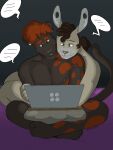 2023 anthro black_body black_fur brown_eyes brown_hair chest_tuft clothed clothing computer crossed_legs duo ear_piercing electronics eyebrows facial_piercing felid flesh_tunnel full_body_tattoo fur gale_(p_rindustries) gauged_ear green_eyes hair head_on_shoulder head_tilt hi_res hug hugging_another hugging_from_behind labret_piercing lagomorph laptop leporid lip_piercing male mammal p_rindustries pantherine pantsless piercing pillow rabbit red_hair shirtless simple_background smile tail tan_body tan_fur tuft whisker_spots wynn_(p_rindustries)