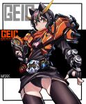  1girl armor black_gloves black_legwear black_panties elbow_gloves fingerless_gloves geiz_revive geiz_revive_goretsu genderswap genderswap_(mtf) gloves highres holding holding_weapon horns hourglass kamen_rider kamen_rider_geiz kamen_rider_zi-o_(series) katakana long_hair looking_at_viewer max-k official_alternate_costume orange_armor panties revive_ridewatch rider-tan solo thighhighs thighs tokusatsu underskirt underwear weapon yellow_eyes yellow_horns ziku_driver 