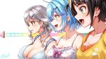  3girls alternate_hair_length_(shorter) babydoll blue_babydoll blue_choker blue_hair breasts brown_hair buru-dai camisole choker cleavage commentary_request elf grey_hair highres hololive large_breasts medium_breasts multiple_girls official_alternate_costume oozora_subaru oozora_subaru_(loungewear) open_mouth pointy_ears shirogane_noel shirogane_noel_(sleepwear) short_hair smile teeth two_side_up upper_teeth_only virtual_youtuber white_camisole yellow_camisole yukihana_lamy yukihana_lamy_(roomwear) 