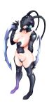  1girl absurdres aqua_hair arm_behind_back armor bikini_armor boots breasts character_request cleavage collarbone commentary_request full_body hand_up highres huge_breasts kimi_wa_008 lips mask matsuena_shun official_art revealing_clothes short_hair shoulder_armor simple_background smile solo standing thigh_boots waving weapon white_background 