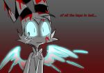 angel angel_humanoid back_wings blood blue_eyes bodily_fluids bow_tie colored demon demon_humanoid emositecc english_text feathered_wings feathers freckled_face freckles hellaverse helluva_boss horn humanoid imp male mid_transformation moxxie_(helluva_boss) pupils restricted_palette slit_pupils solo species_transformation text transformation wings
