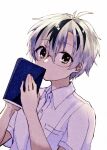  1boy antenna_hair bespectacled black_hair book collared_shirt commentary_request dress_shirt glasses grey_eyes grey_hair holding holding_book looking_at_viewer male_focus mani_(manidrawings) multicolored_hair nijisanji shirt short_hair short_sleeves simple_background solo streaked_hair suzuki_masaru upper_body virtual_youtuber white_background white_shirt 