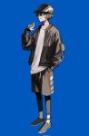  1boy adjusting_necklace axia_krone axia_krone_(2nd_costume) baseball_cap black_hair black_jacket black_leggings black_shoes black_shorts blue_background blue_eyes commentary full_body hair_between_eyes hand_in_pocket hat highres jacket jewelry kuramochi_(mochi_kura_008) leggings long_sleeves looking_at_viewer male_focus necklace nijisanji open_clothes open_jacket parted_lips shirt shoes short_hair shorts simple_background sleeves_past_wrists solo virtual_youtuber white_shirt 