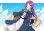  1girl belt black_dress blonde_hair border breasts clip_studio_paint_(medium) cloud cross-laced_clothes cross-laced_dress dress frilled_dress frilled_sleeves frills gradient_hair hijiri_byakuren jewelry layered_dress light_smile long_hair looking_at_viewer medium_breasts multicolored_hair mzrz necklace pearl_necklace purple_hair sky solo touhou white_border white_dress yellow_eyes 