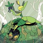  1other bare_tree commentary full_body grey_background holding holding_pokemon leaf leavanny oddish pokemon pokemon_(creature) saboteri_(savot) sewaddle sitting smile tree 