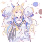  1girl ahoge animal_ears arms_up blonde_hair blue_eyes breasts cleavage commentary_request hair_between_eyes hair_ornament highres horse_ears horse_girl kk_(pixiv_83235599) long_hair long_sleeves neo_universe_(umamusume) neo_universe_(universe-naut)_(umamusume) planet simple_background sleeves_past_fingers sleeves_past_wrists solo umamusume white_background 