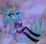 4_wings 5starxluna angel anthro avian beak bird blue_body blue_eyes blue_feathers blue_hair blue_sclera book clothed clothing crown disembodied_wings do_not_distribute feathers female hair halo headgear hellaverse helluva_boss hi_res holding_book holding_object multi_wing occult_symbol octavia_(helluva_boss) owl pentacle solo sparkles symbol tiara wings