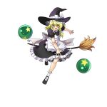  1girl back_bow black_dress black_hat black_shoes blonde_hair blush bow braid break~ broom chinese_commentary commentary_request dress embodiment_of_scarlet_devil frilled_dress frills full_body hair_bow hat hat_bow highres kirisame_marisa looking_at_viewer open_mouth orb puffy_short_sleeves puffy_sleeves shoes short_sleeves side_braid simple_background single_braid socks solo throwing touhou white_background white_bow white_socks witch_hat yellow_eyes 