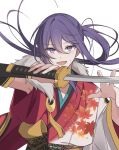  10takllor 1boy :d arm_warmers armpit_peek black_arm_warmers crescent ensemble_stars! floating_hair fur_shawl gold_trim hair_between_eyes hair_intakes hands_up highres holding holding_sword holding_weapon japanese_clothes kanzaki_souma katana kimono leaf_print light_blush long_hair long_sleeves looking_at_viewer male_focus maple_leaf_print open_mouth ponytail purple_hair red_kimono shawl sidelocks simple_background smile solo sweatdrop sword tassel two-tone_kimono upper_body v-shaped_eyebrows weapon white_background white_kimono wide_sleeves 