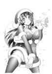  +_+ 1girl :o bell blush breasts capelet commentary_request covered_nipples cowboy_shot detached_sleeves dress fur-trimmed_capelet fur-trimmed_dress fur-trimmed_headwear fur_trim greyscale hair_between_eyes hat highres holding holding_sack large_breasts lips long_hair matsuena_shun monochrome neck_bell official_art open_mouth panties pantyshot rein_(tokiwa_kitareri!!) sack santa_costume santa_dress santa_hat short_dress simple_background skirt skirt_tug solo standing strapless strapless_dress thighhighs tokiwa_kitareri!! underwear wind wind_lift 