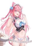  1girl absurdres ahoge animal_ears bell blue_bow blue_ribbon blurry blurry_foreground blush bow braid breasts cat_ears cat_girl cat_hair_ornament cat_tail commentary_request gloves hair_bow hair_ornament hairclip heart heart_print highres indie_virtual_youtuber jingle_bell large_breasts long_hair maid maid_headdress miakiuehashi navel neck_bell neck_ribbon nude open_mouth panties pink_eyes pink_hair pink_tail revision ribbon simple_background solo_focus star_(symbol) star_hair_ornament stomach sweat tail tail_ornament tail_ribbon tape_measure thighhighs two_side_up underwear virtual_youtuber white_background white_gloves white_panties white_thighhighs yuuki_sakuna yuuki_sakuna_(3rd_costume) 