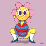 big_breasts blush breasts cleavage clothed clothing crouching curvy_figure dress erect_nipples female flower footwear hands_behind_head hi_res high_heels huge_breasts humanoid kamirappa looking_at_viewer nipple_outline nipples panties parappa_the_rapper plant shoes socks solo sony_corporation sony_interactive_entertainment spread_legs spreading squatting_pose sunny_funny um_jammer_lammy underwear voluptuous voluptuous_female yellow_body