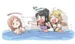  3girls :d ^_^ ahoge bikini black_hair blonde_hair blush_stickers breasts brown_hair closed_eyes commentary_request hachimiya_meguru idolmaster idolmaster_shiny_colors kazano_hiori long_hair mano_sakurako multiple_girls open_mouth partially_submerged purple_tank_top smile swimsuit tank_top translation_request tsubobot v-shaped_eyebrows water white_background 