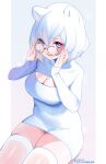  animal_ear_fluff animal_ears blush breasts cleavage eyebrows_visible_through_hair glasses hair_ornament highres meme_attire original panties panty_peek smile thick_thighs thighhighs thighs tofuubear underwear virgin_killer_sweater zettai_ryouiki 