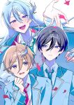  3boys absurdres ahoge black_hair blue_hair blue_jacket blue_necktie blush braid braided_bun brown_hair clenched_hand commentary ensemble_stars! green_necktie hair_between_eyes hair_bun hibiki_wataru hidaka_hokuto highres jacket lapels long_hair looking_at_viewer male_focus mashiro_tomoya multiple_boys necktie notched_lapels olen_0710 open_clothes open_jacket open_mouth outstretched_arm parted_lips purple_eyes red_necktie school_uniform short_hair simple_background single_side_bun smile teeth upper_body upper_teeth_only white_background yellow_eyes yumenosaki_school_uniform 